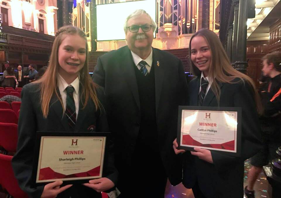 Macintyre students Caitlyn and Sharleigh Phillips with (centre) school principal Lindsay Paul after receiving Harding Miller Education Foundation Scholarships. Photo courtesy of Macintyre High School.