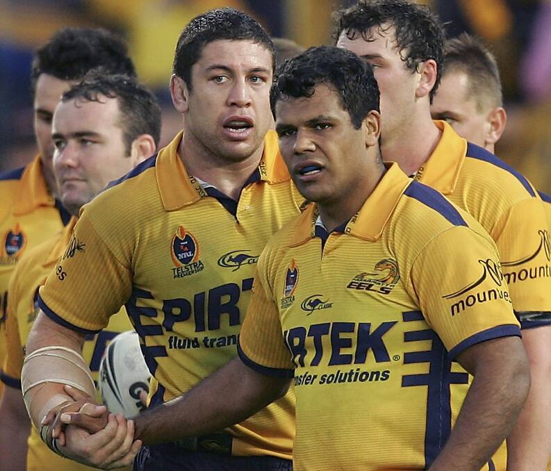 Nathan Cayless and Dean Widders after an Eels try in 2005. Photo by Cameron Spencer/Getty Images.