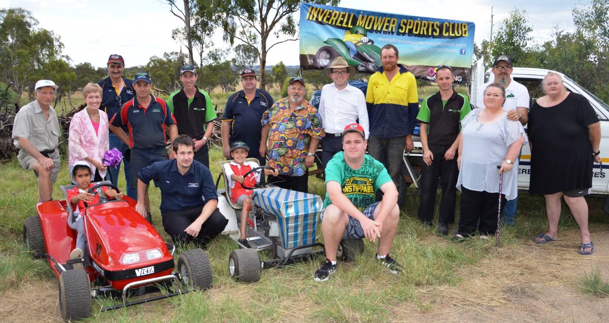 REVVED-UP: Northern Tablelands MP Adam Marshall with members of the Inverell Mower Sports Club, nearly ready to open the state's first licensed mower racing tack.