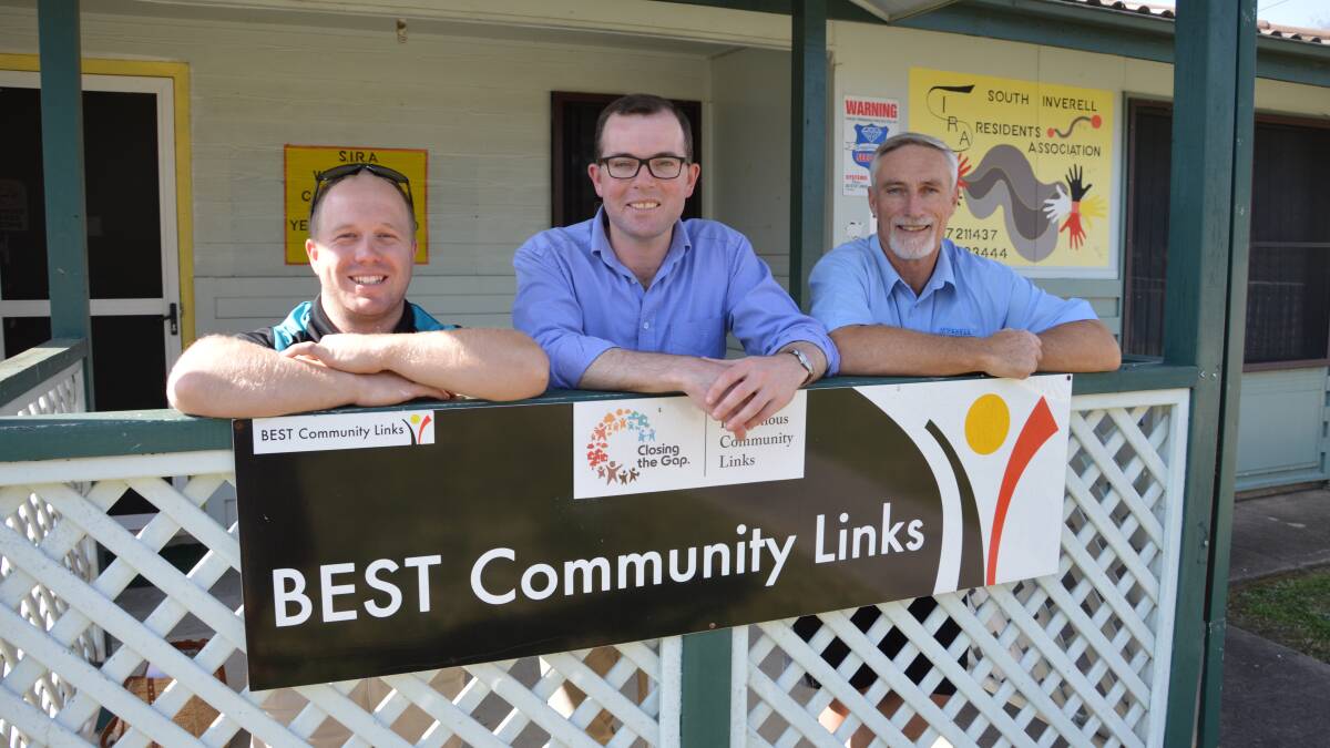 Linking Together Community Officer Brock Hobday, Northern Tablelands MP Adam Marshall and Inverell Shire Mayor Paul Harmon outside the soon-to-be renovated building in Waratah Street.