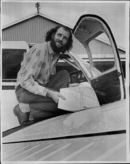 Mervyn Moriarty pictured in 1974 on the wing of a Piper Cherokee aircraft he was learning to fly before launching his flying art school.