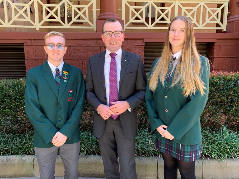 Macintyre High School leaders Rohan Cowley and Kelsie Julius with Northern Tablelands MP Adam Marshall (centre).