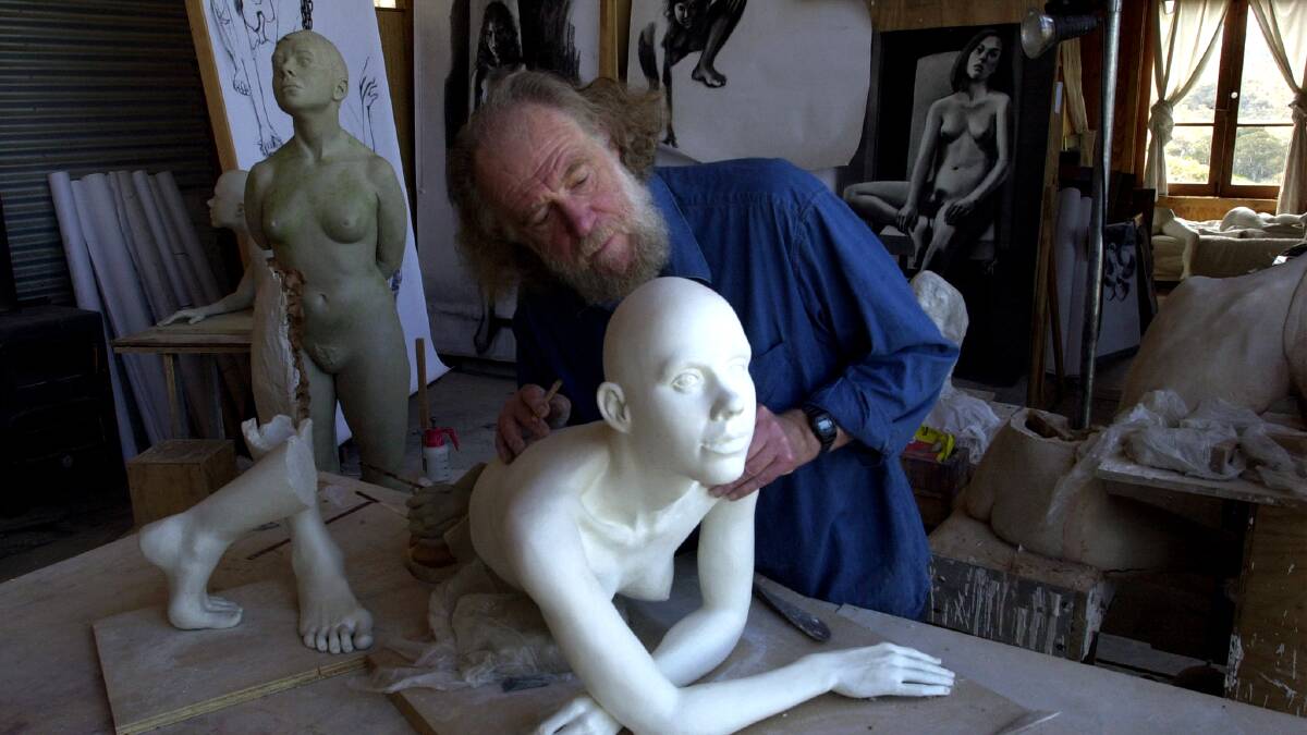 Mervyn Moriarty in his studio preparing an installation called 'The waiting room, and scenes from the life of Psyche'.