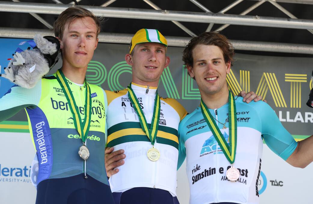 Podium finish: Dylan Sunderland (left) with his fellow under 23 criterium medal winners.