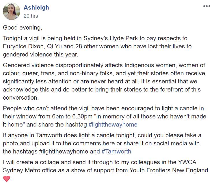 LIGHT THE WAY HOME: Tamworth resident Ashleigh invited the community to take part in a candelit vigil of their own.