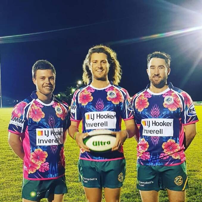 Ladies Day: Bright jerseys were auctioned off on Saturday night to support these three rugby boys, Josh Stewart, Will Mann and Ryan Smith, who will take on the Stars of Sapphire City Dance for Cancer next week.