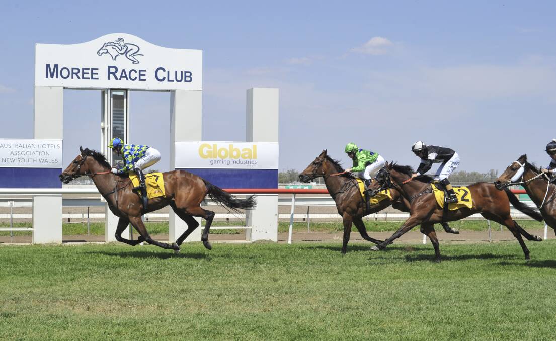 Moree finish line: Happens No More beat stablemate, Mister McRae, in The Pally Pub Colts, Horses and Geldings Class 2 Handicap (1300m). Photo by Bradley Photos.
