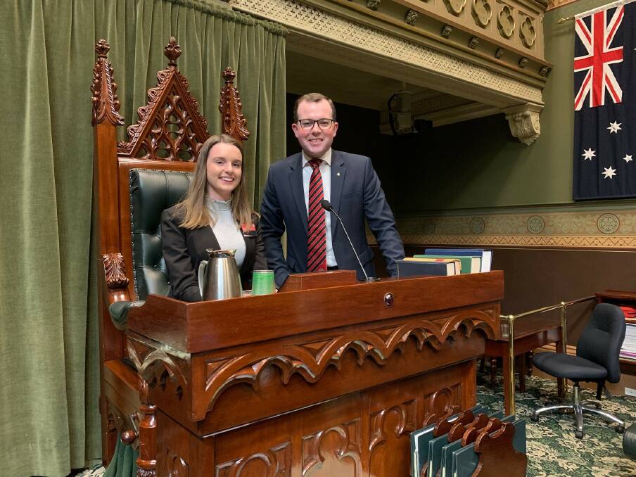 Northern Tablelands Youth MP Imogen McDonald siting in the Speakers Chair alongside her senior counterpart Adam Marshall.
