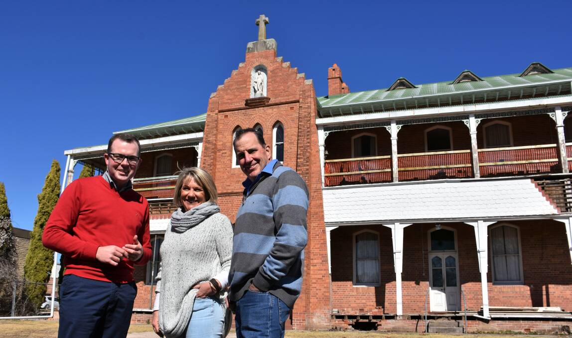 Funding injection: MP Adam Marshall with Jo and Digby McNeil at the Inverell convent on Monday to announce the $100,000 grant.