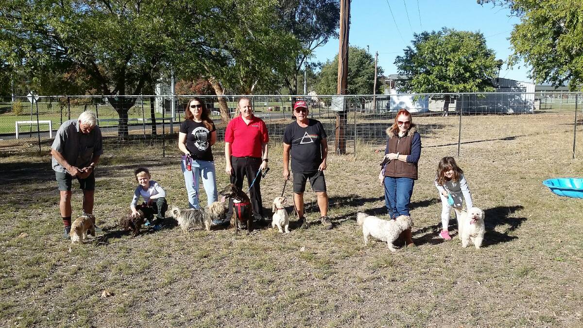 Vernon Bell and Coco, Will Kentwell and Piglet, Ngaire Martin and Max, David Martin and Sally, Brian Kennedy and Courage, Margaret Payne and Dugald, and Grace with Kobe ready for Sunday's Million Paws Walk.
