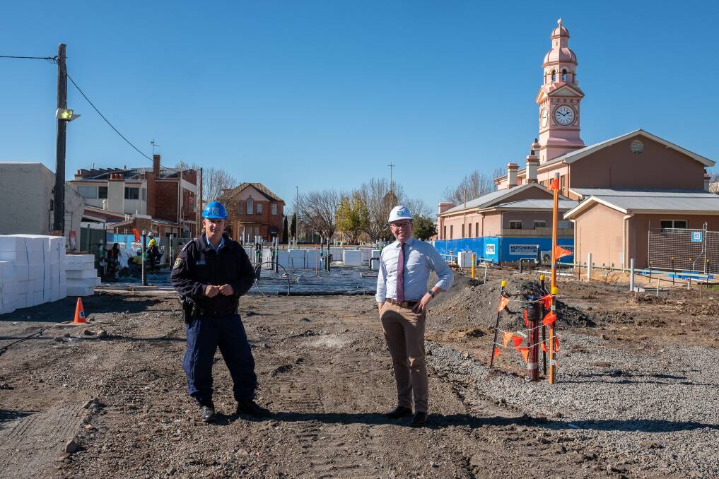 Construction on the new $16 million Inverell Police Station is in full swing, with Inverell Police Sergeant Tim Mowle and local MP Adam Marshall inspecting progress.