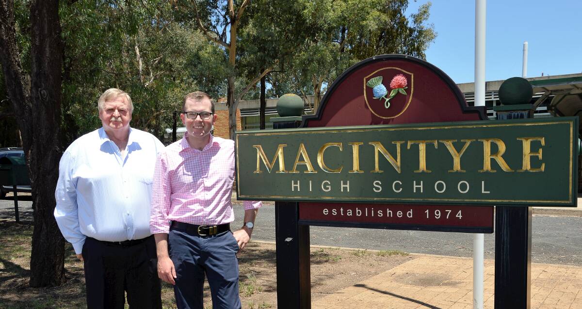Macintyre High School Principal Lindsay Paul, left with Northern Tablelands MP Adam Marshall in front of Macintyre High School.