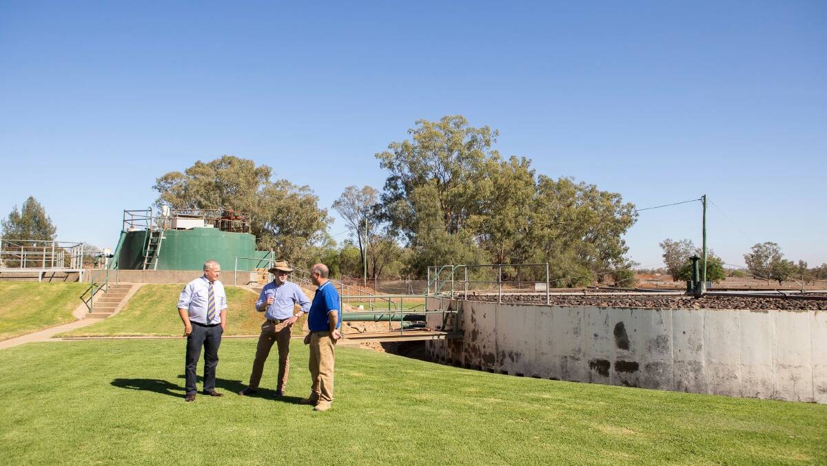 Gwydir Shire Mayor John Coulton, Northern Tablelands MP Adam Marshall and Councils Town Service Manager Andrew Cooper at the Bingara Sewerage Treatment Plant.