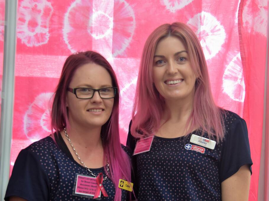 Pretty in pink: Casey Orchard and Hayley Morrison have changed their hair colour to raise awareness of breast cancer before the fundraiser at Dittons Pharmacy on October 31.