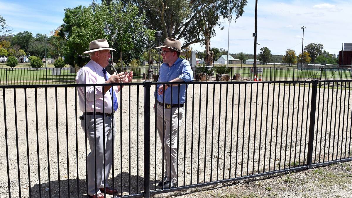 Gwydir Shire Councillor David Coulton, left, with Northern Tablelands MP Adam Marshall at Warialda’s Captain Cook Park, which is about to undergo a major upgrade.