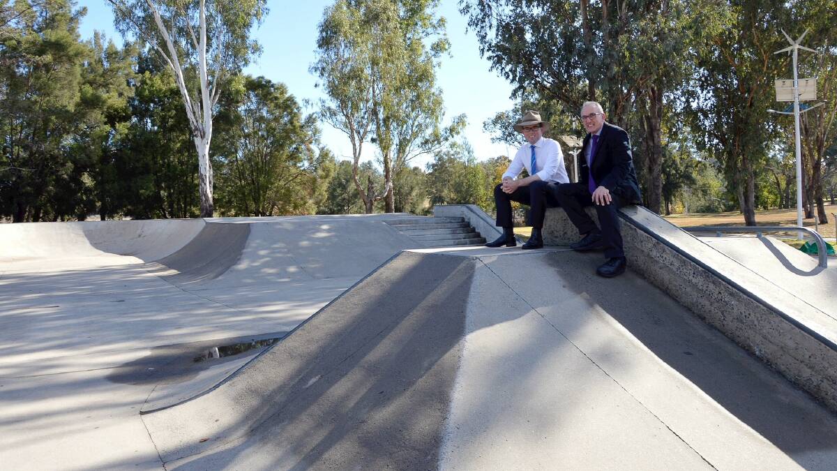 Northern Tablelands MP Adam Marshall and Inverell Shire Deputy Mayor Anthony Michael inspect the Inverell Skate Park and discuss council’s plans to expand the popular facility.