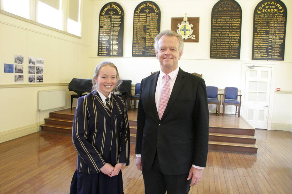 TAS Headmaster Murray Guest with Ellie De Gunst of Inverell, who has been
inducted as a prefect at The Armidale School.