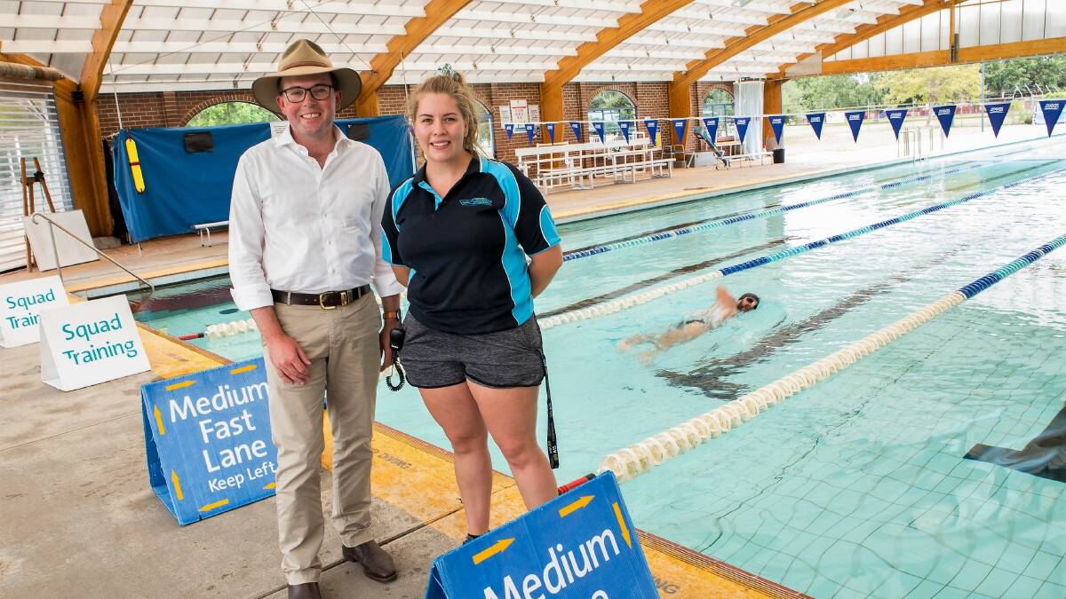 Northern Tablelands Adam Marshall at the Inverell Pool with facilities manager Jess Hawken.