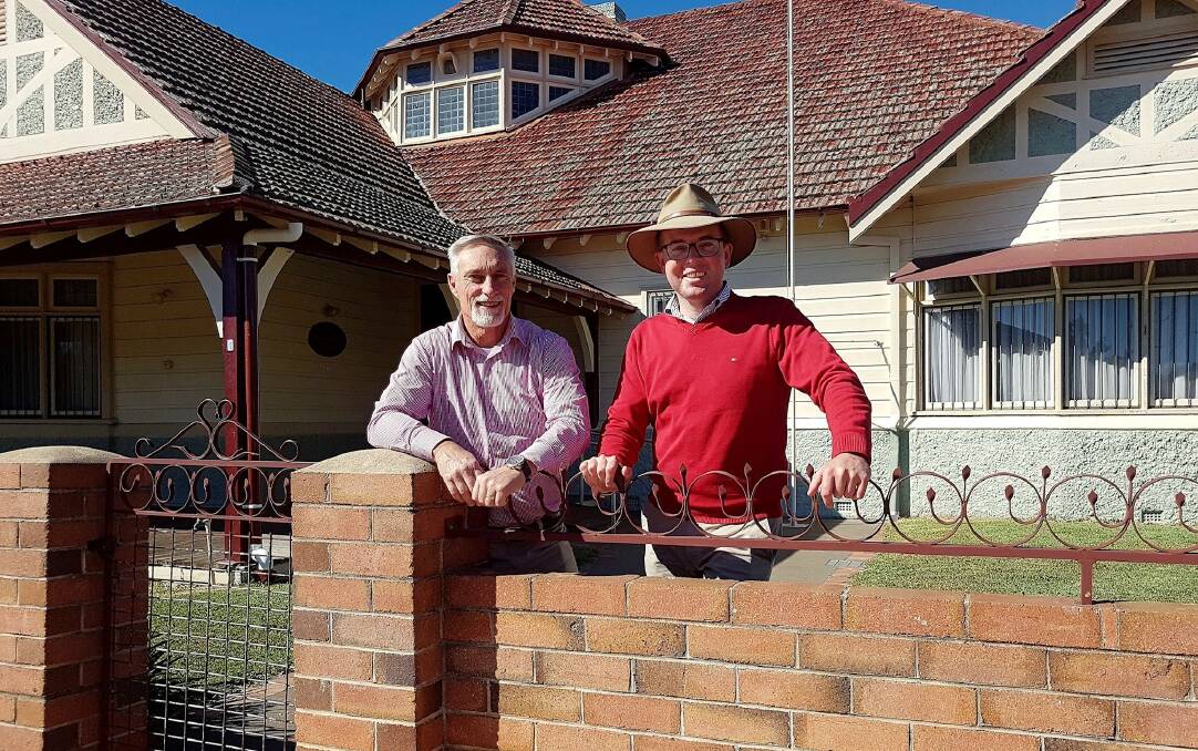 Inverell Shire Council Mayor Paul Harman, left, and Northern Tablelands MP Adam Marshall outside the historic Inverell Club.