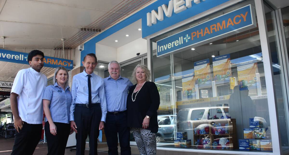 Inverell Pharmacy employees Greg Emmanuel and Alicia Bussell with new owner John Douglas and former owners David and Michelle Goddard.