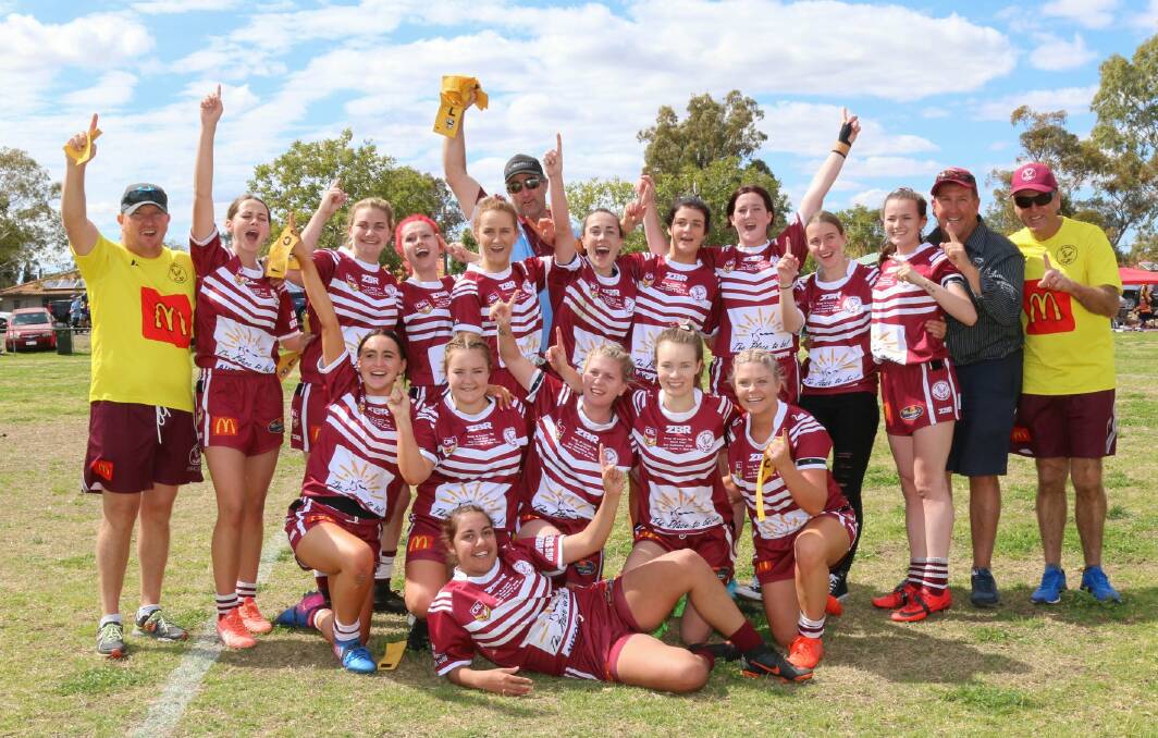 Premiership win: The Inverell Hawkettes after their Group 19 grand final win over the Glen Innes Magpies on Sunday. Photo: Lynverell Photography.