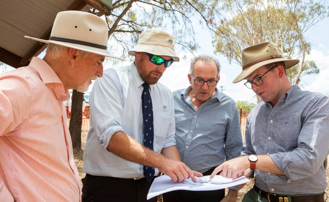 Inverell Shire Mayor Paul Harmon, left, Northern Tablelands MP Adam Marshall, Deputy Mayor Anthony Michael and Councils Waste and Project Coordinator Greg Doman inspecting progress on the Lake Inverell upgrade project.