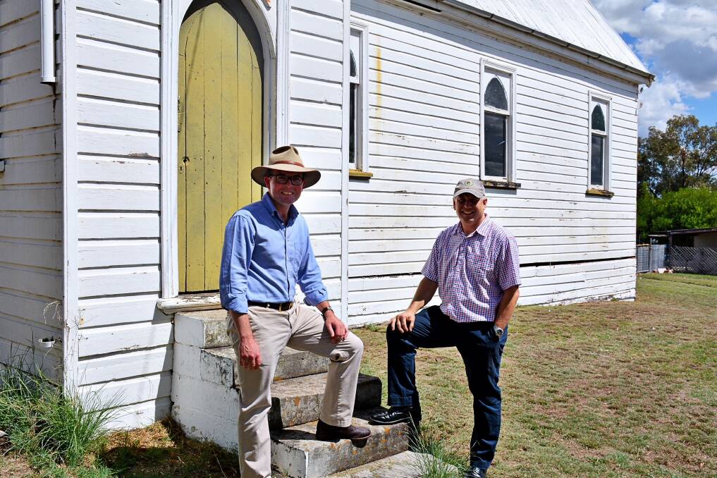 Northern Tablelands MP Adam Marshall with Reverend Simon Waller at Warialda’s St Simon and St Jude Parish Hall, at the site of the former Anglican Church.