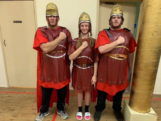 Gladiators Andrew Kerr as Strangulus, Brian Berry as Mangulus and Isabel Richardson as Littlus Wimpus. 