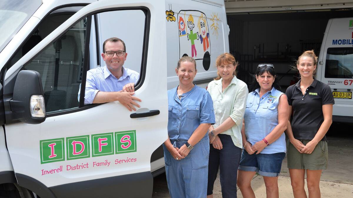 Northern Tablelands MP Adam Marshall, left, with Inverell District Family Services’ Northern Roads Activity educators Kylie Hill, Debbie Wilson, Michelle Campbell and Jodi Uebergang.