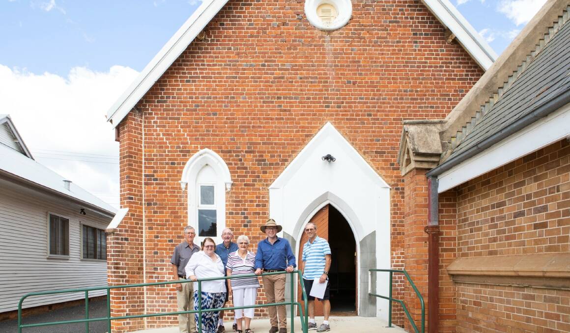 Inverell Uniting Church volunteers Nick Heagney, left, Jacki Watts, Bob Bensley, Mary Saunders and Dick Hudson with Northern Tablelands MP Adam Marshall outside the old chapel which will be refurbished.