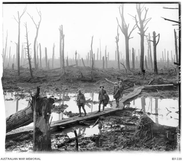 And image of soldier at Chateau Wood in October 1917 shows the devastation after the Battle of Passchendaele. Photo: Australian War Memorial.