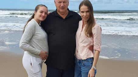 Daryna, Rodney O'Regan and Tetiana at Forster, while the Ukranian girls were visiting Rodney at Hillville over Easter. Photo supplied