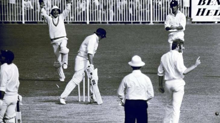 Gilmour is bowled by Peter Lever during the Centenary Test in Melbourne. It was his final Test innings. Photo: Fairfax archive