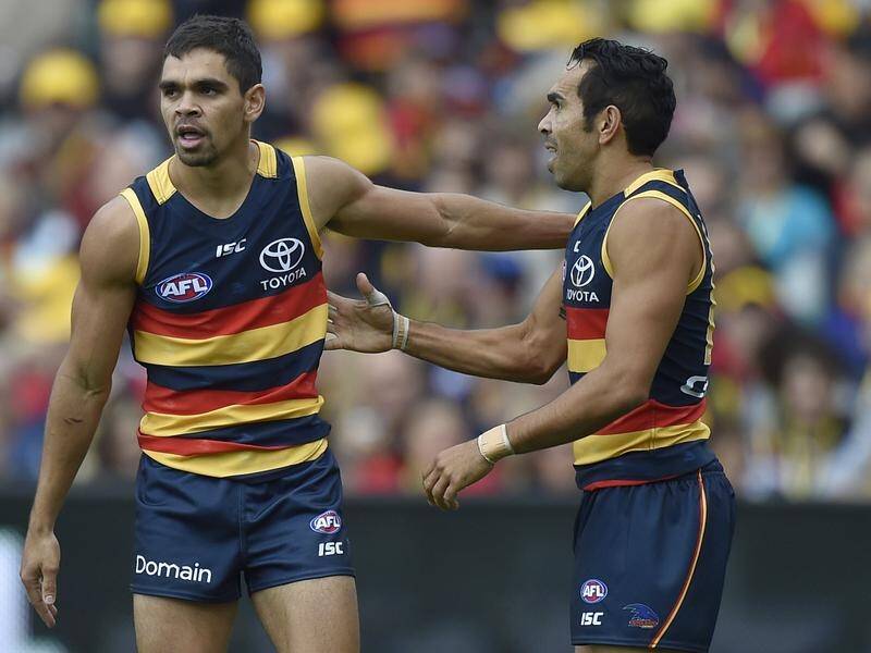 Charlie Cameron (l) and Eddie Betts reunite in the AFL bushfire charity match in Melbourne.