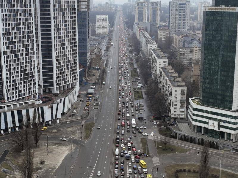 Traffic jams seen as people leave the city of Kyiv, Ukraine, as Russian troops invade.
