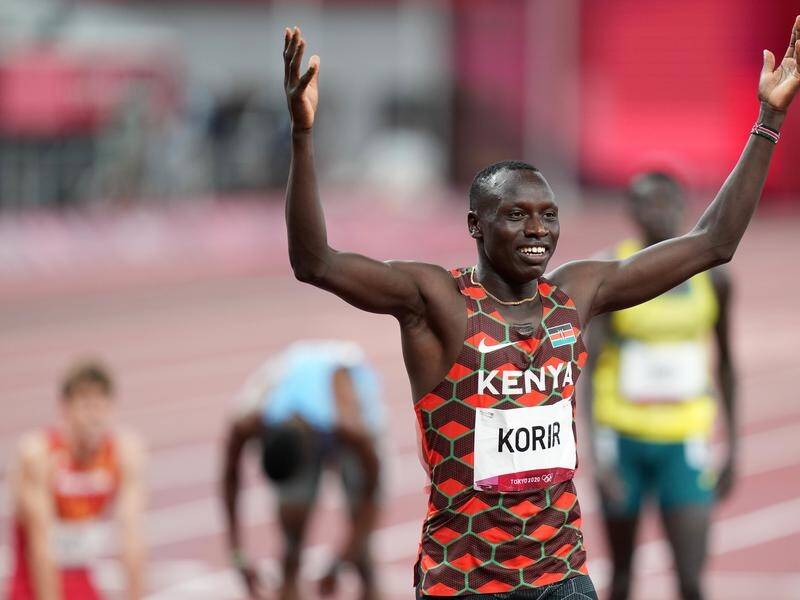 Kenyan Emmanuel Korir celebrating his magnificent 800 metres win at the Olympics Games.