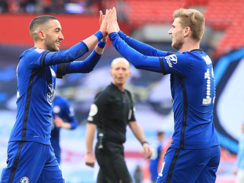 Chelsea's Hakim Ziyech (left) celebrates his winner against Man City with teammate Timo Werner.