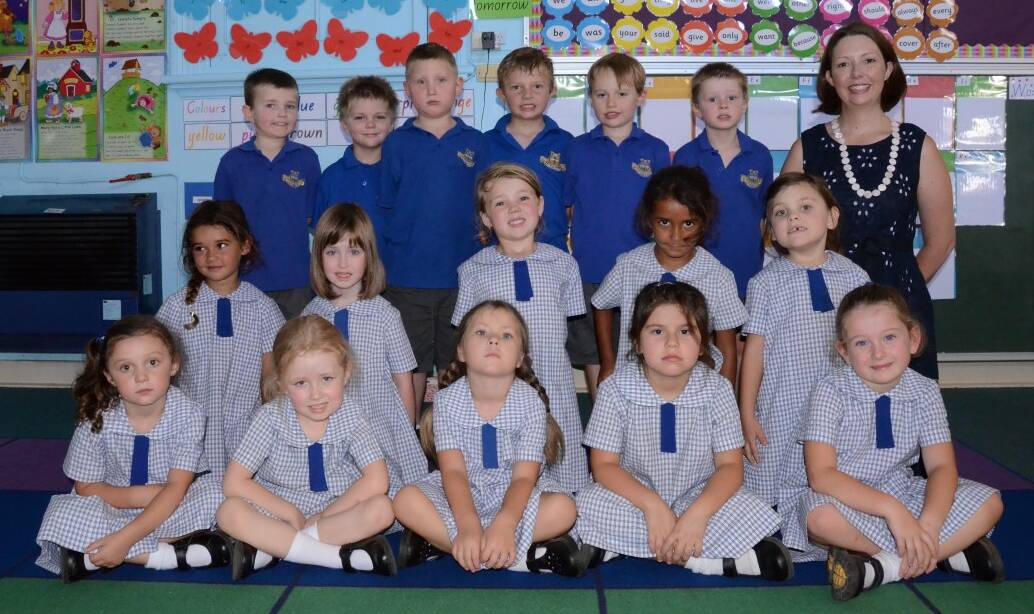 Ross Hill Public School: KINDER GREEN; Back Row, (l-r) Daniel McIntyre, Rory Gambrill, Harley Fraser, Liam Swanbrough, Harry Petrie, Dylan Kelly. Middle Row, Rebekah Hanshaw, Tamika Crawford, Marlee Walters, Laylar Livermore, Lily Uebergang. Front Row: Mia Hobday, Claudia Cox, Chelsea Walker, Emily Schembri, Lilliana Haidle and Mrs Fiona Attwood. Absent: Kaine Greenaway. Photo by Inverell Times Feb 2014.