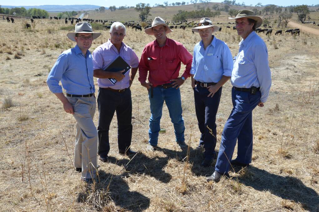 Adam Marshall Member for Northern Tablelands, Tim Johnston Local Land Services (LLS) Drought Coordinator, Stuart Blake, Winterbourne Walcha, Paul Hutchings General Manager LLS and Geoffrey Green Senior BioSecurity Officer LLS, during a tour of drought-affected properties 12 months ago.