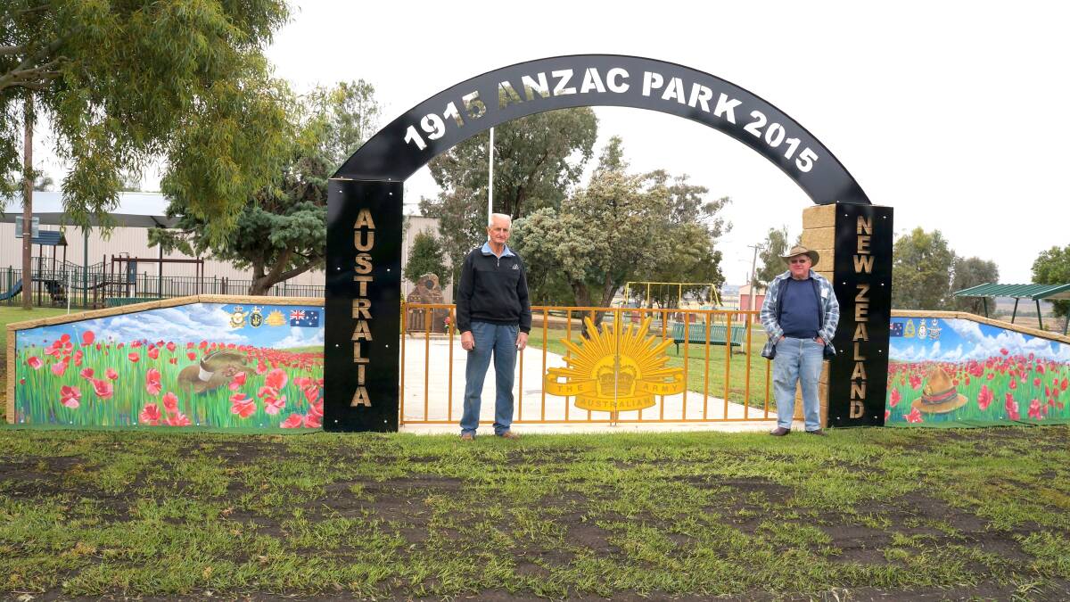 Jim Townsend and Harry McNaughton at the completed Delungra ANZAC Park gateway entrance to the War Memorial.