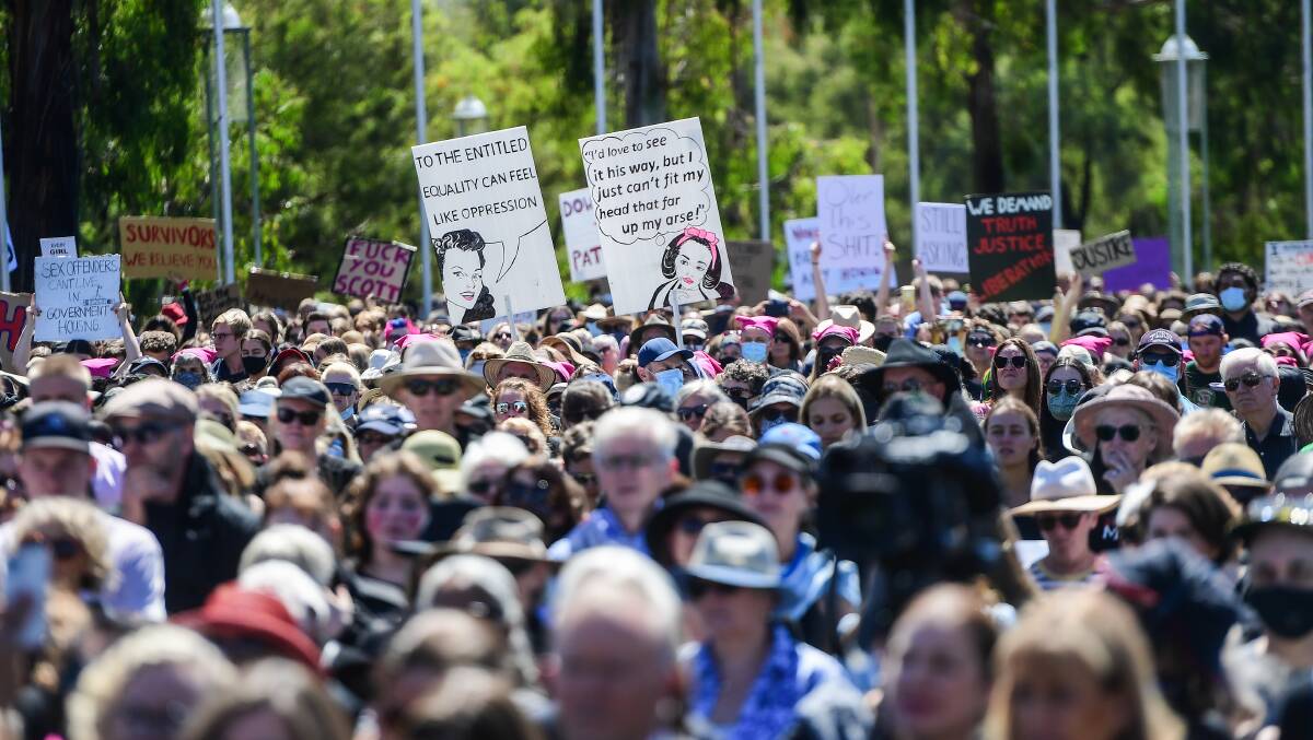 Protesters join the March 4 Justice rally against gendered violence held outside Parliament House on Monday. Picture: Karleen Minney.