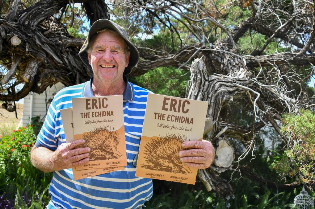 AUTHOR: Warialda farmer David Conway with his book, 'Eric the Echidna', an amusing take on the story of wildlife during drought. Photo: Supplied