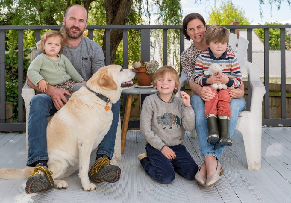 Madeline and Will Gordon with children Margaret, Remy and Alfred and Bruno the dog. Picture: Phillip Biggs
