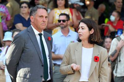 Labor deputy Richard Marles and frontbencher Terri Butler attended the Anzac Day dawn service in place of leader Anthony Albanese, who is in COVID isolation in Sydney. Picture: AAP