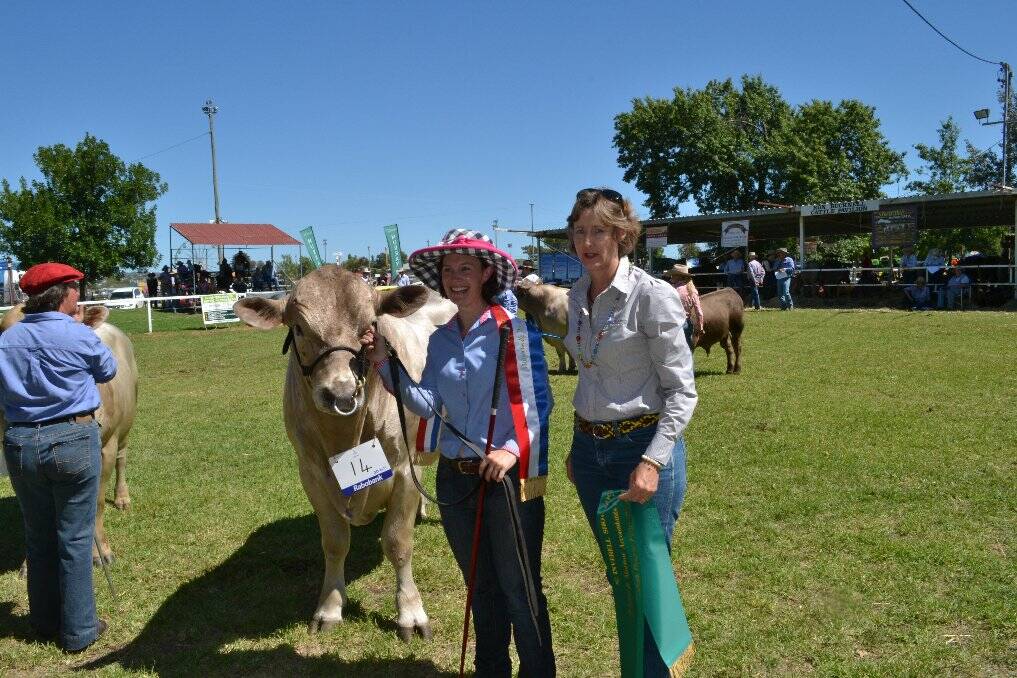 Junior Champion Murray Grey Bull shown by Katherine Taylor, together with event sponsor, Jane Newsome.